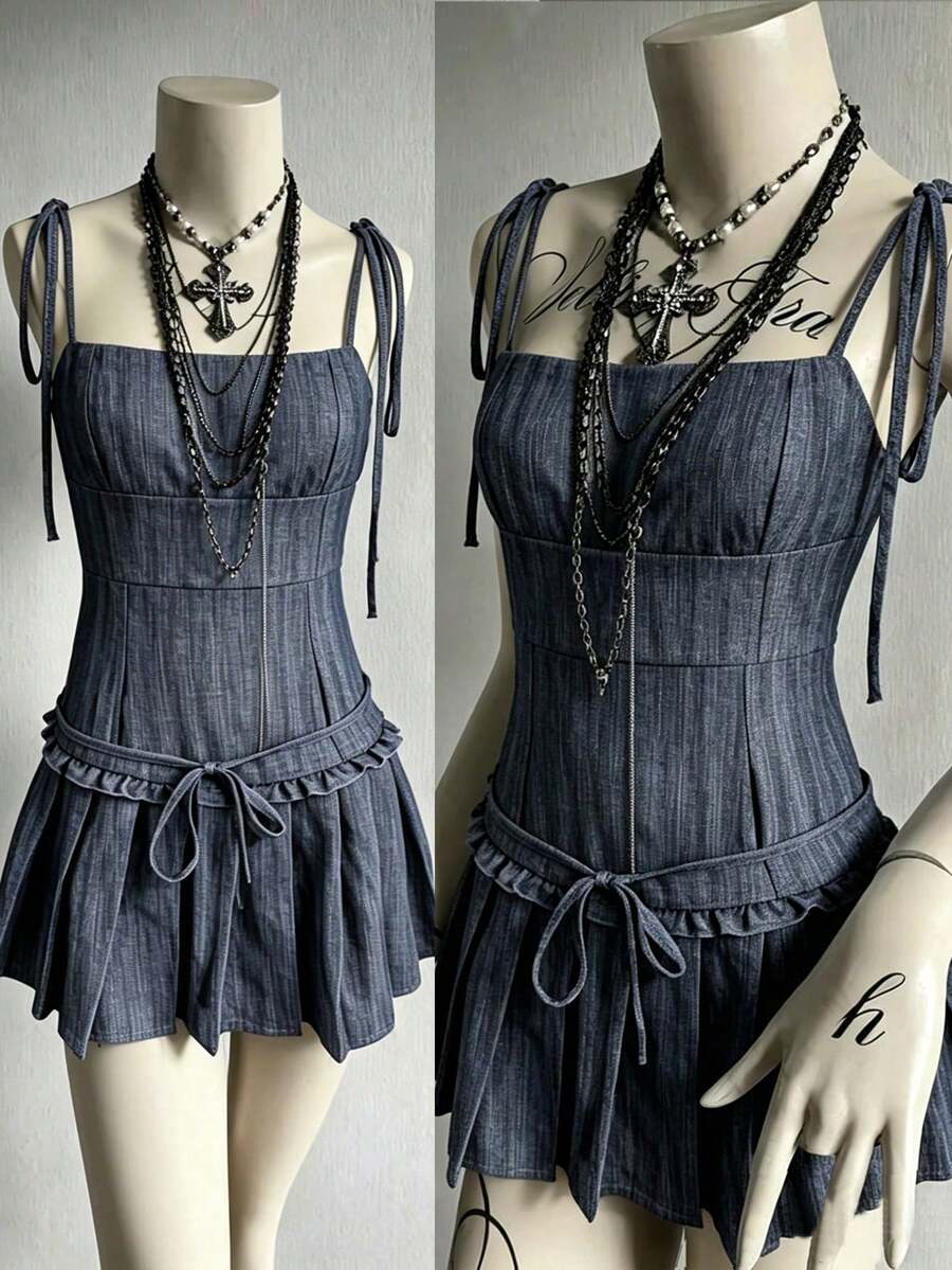 Vestido corto de mujer con camisola, cintura con lazo y volantes - Azul - Ver 1