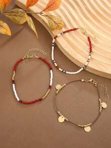 3 piezas Tobilleras de estilo bohemio con colgante de cuentas de semilla de colores apilables y multicapa, joyería de pie minimalista de moda personalizada con cuentas (color de cuentas aleatorio) - Multicolor - Ver 5