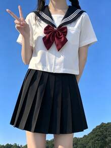 1件日系清新甜美校園風黑色領口白色水手服JK制服套裝 秋季 - 黑色 - 查看 1