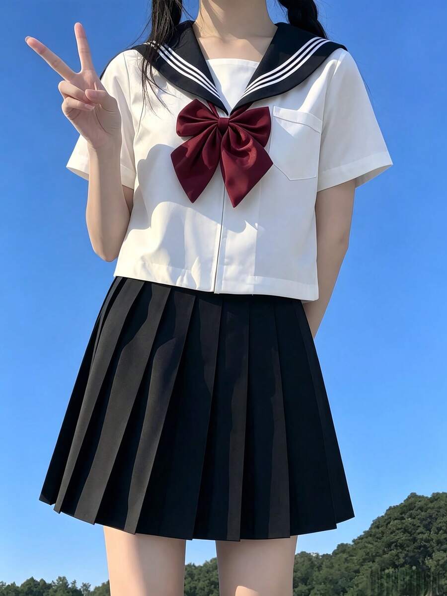 1件日系清新甜美校園風黑色領口白色水手服JK制服套裝 秋季 - 黑色 - 查看 1