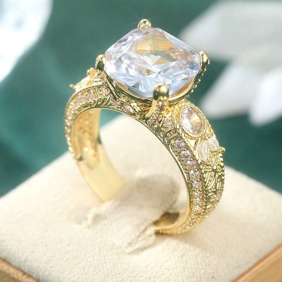 1件時尚優雅閃耀合成鋯石女用金戒指 - 適合婚禮、訂婚、週年紀念珠寶禮物、日常優雅配件及奢華地位象徵 - 金色 - 查看 1