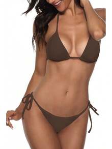 Women Two Piece Swimsuit Sexy Swimwear Halter String Triangle Bikini Sets - Coffee - View 4