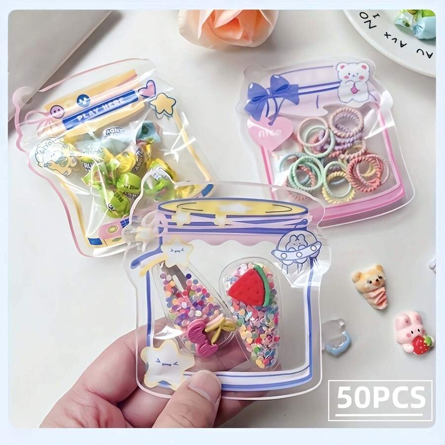 80 pezzi Sacchetti trasparenti con chiusura ermetica a cartone animato carini, adatti per il confezionamento di accessori per capelli, sacchetti con chiusura ermetica per regali carini, sacchetti per il confezionamento di regali per feste e vacanze - Multicolore - Visualizzare 1