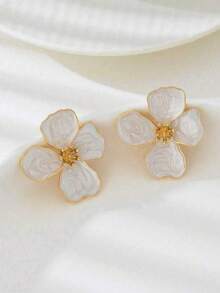 1 par de pendientes estilo vintage con pintura de arena movediza de flores, diseño exagerado de nicho con pétalos, joyería de oreja de lujo ligero de alta gama - Blanco - Ver 3