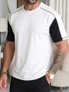 Men's Summer Retro Patchwork Raglan Sleeve Loose Short Sleeve T-Shirt Round Neck Contrast Color 2 In 1 Top - White - View 4