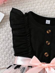 Vestido elegante de niña sin mangas con patrón de mariposa, malla y dobladillo con volantes acanalados, vestido de fiesta de princesa de moda para niñas jóvenes - Rosa - Ver 4