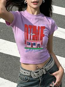 夏季新款圓領 DTMF 圖案修身正肩 T-shirt，度假旅行海灘穿搭 - 芋紫色3 - 查看 2