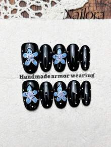 10 Peças Unhas Postiças Ovais Feitas à Mão, Unhas Acrílicas Curtas Pretas Vestíveis DIY com Design Floral Degradê 3D Pintado à Mão com Bolinhas, Adesivos de Arte de Unhas DIY de Verão, Adequado para Festa, Uso Diário, Encontro, Praia, Looks de Férias, Presente para Mulheres e Meninas, Suprimentos de Arte de Unhas Unhas Postiças Feitas à Mão - Preto - Visão 2