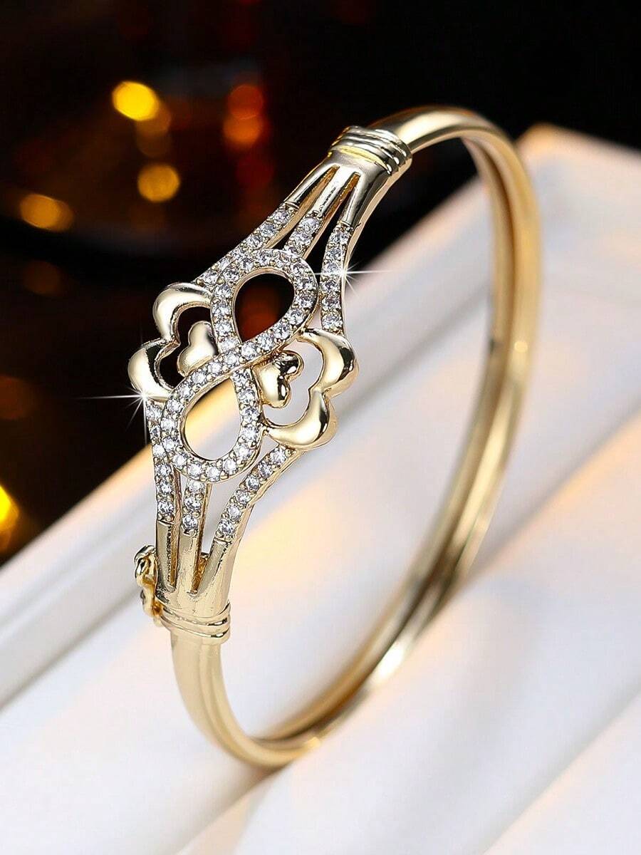 1pc Luxury Hollow Heart Zirconia Inlaid Bracelet For Women, Delicate Open Cuff Bangle, Niche Design Versatile Jewelry Gift - Bracelet - View 1