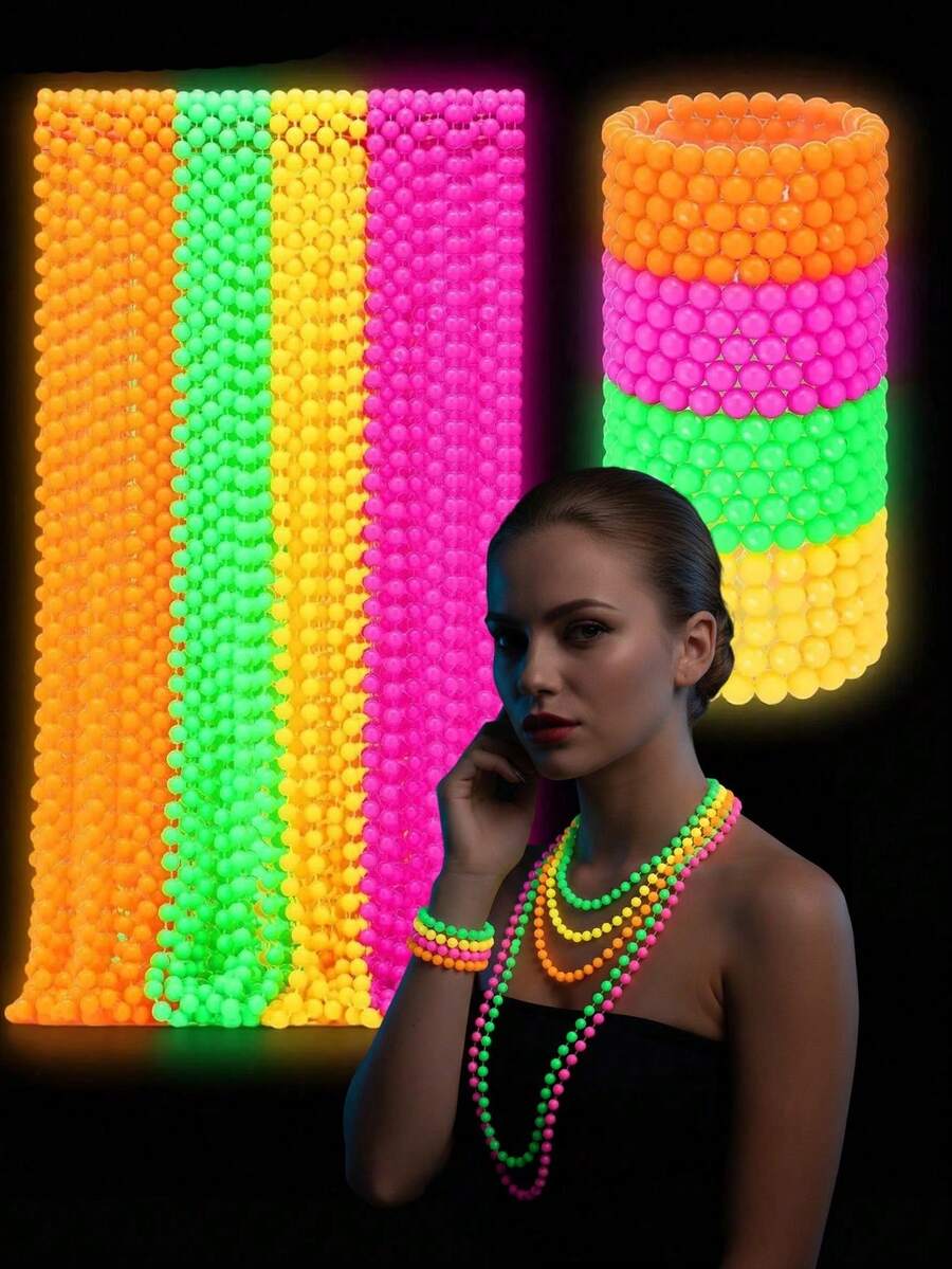 8pcs/4pcs/1pc Neon Fluorescent Party Beaded Necklace And Bracelet Set, Glow-In-The-Dark Colorful Beaded Bracelets, 80s Carnival Party Essential Colorful Glow-In-The-Dark Supplies, Carnival, Neon Light Night Decor, Glow-In-The-Dark Necklace, Neon Light Party Decoration, Back To School, Home Decor, Home Supplies, Family Essential