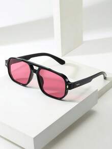 1pc Men's PC Material Classic Square Double Bridge Large Frame Minimalist Personalized Fashion Glasses, Suitable For Party, Casual, Vacation, Travel, Beach, Daily Wear - Black Frame Red Film - View 1