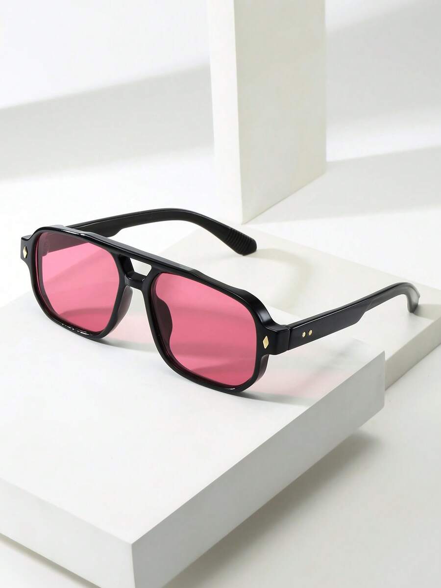 1pc Men's PC Material Classic Square Double Bridge Large Frame Minimalist Personalized Fashion Glasses, Suitable For Party, Casual, Vacation, Travel, Beach, Daily Wear - Black Frame Red Film - View 1