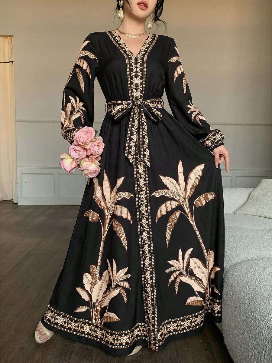 abyoxi 女款黑色金花印花長袖V領單排扣收腰A字長洋裝,復古優雅,適合度假正式場合晚宴,夏秋穿著 - 黑色 - 查看 1