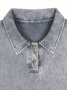 Men's Vintage Washed Raccoon Eating Noodle Moon Branch Art Left Chest Print Casual Polo Tee - 灰色 - 查看 2