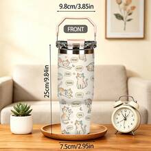 1/5pcs 30oz Large Capacity Stainless Steel Insulated Tumbler, Minimalist Line Art Cat Conversation Bubble Pattern, Comfortable Folding Handle, One-Piece Leak-Proof Flip Lid, All-Day Insulation, Suitable For Office, Picnic And Sports Gift - Kitten - View 7