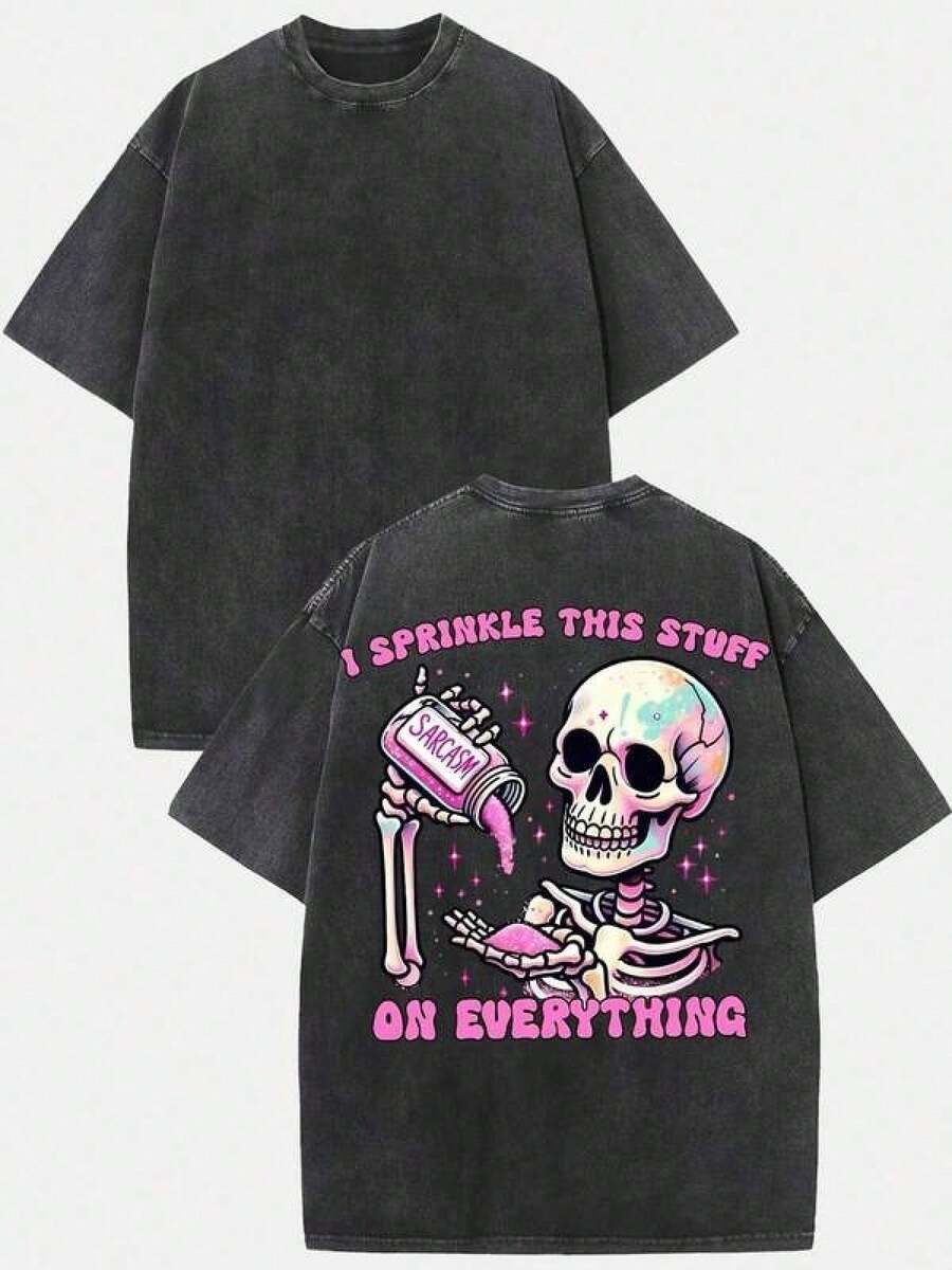 Camiseta de algodón lavado estilo urbano con un toque de humor (230g), con estampado gráfico de calavera sarcástica con la frase "I Sprinkle This Stuff On Everything", corte holgado, cuello - Blanco - Ver 1