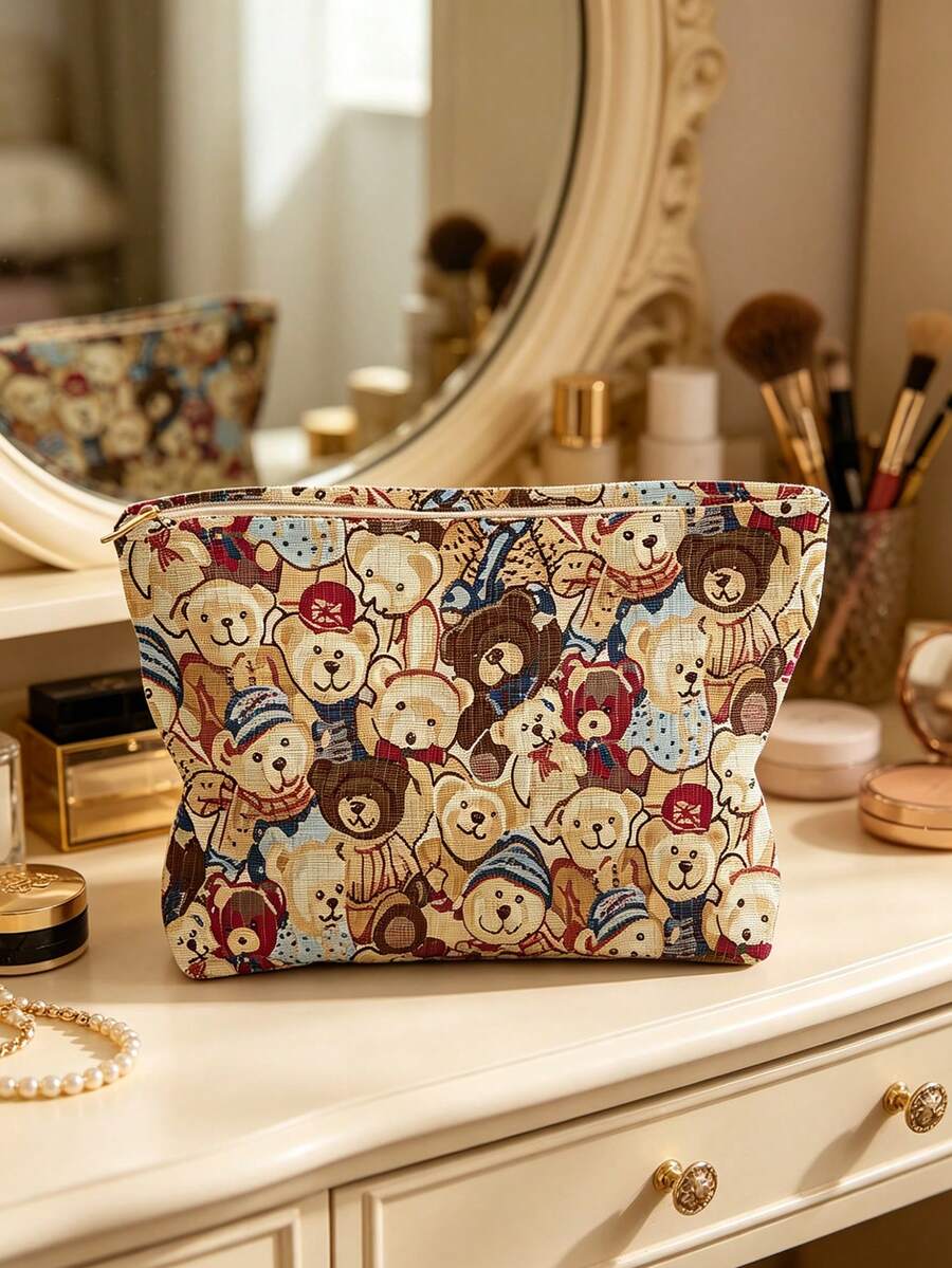 1 pieza Bolsa de almacenamiento de cosméticos portátil con estampado de oso, impresa por ambos lados, estuche de maquillaje con cremallera para viajes, bolsa organizadora de artículos de tocador multifuncional - Multicolor - Ver 1