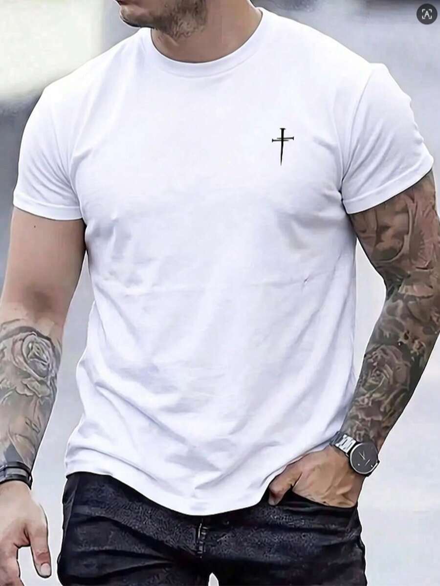 Playera casual de hombre con estampado de cruz estilo minimalista urbano - Blanco - Ver 1