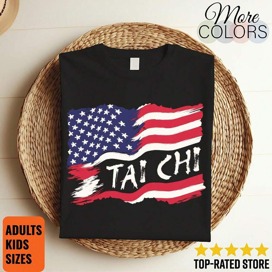 Tai Chi American Flag T-Shirt, Patriotic Martial Arts, Yin Yang, USA, Fitness, Meditation, Balance Training, Unisex Graphic T1EE, Gift Idea - 黑色 - 查看 1