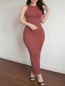 Women Plus Size Solid Casual Bodycon Backless Sexy Streetwear Party Vacation Rib Knit Dress - Red - View 2