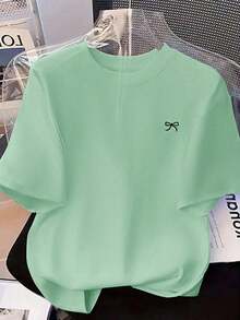 Loose-Fitting Short-Sleeved T-Shirt With Bow Print, Casual Spring/Summer Style, Red - Mint Green - View 1