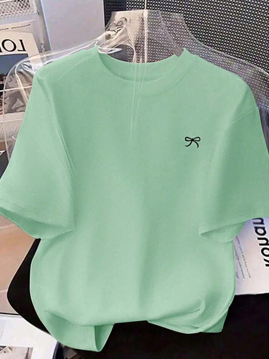 Loose-Fitting Short-Sleeved T-Shirt With Bow Print, Casual Spring/Summer Style, Red - Mint Green - View 1
