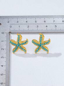 1對時尚3D合金彩色珍珠粉塗油海星耳釘 - 淺藍色 - 查看 4