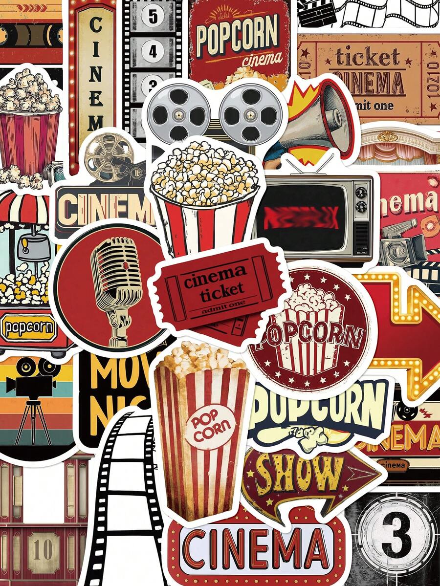 50pcs Vintage Movie Stickers For Journal, Scrapbook, Planner, Suitcase, Phone Case, Notebook, Tablet, Skateboard, Guitar, Holiday Decoration, Self-Adhesive Seal Stickers - Retro Movies - View 1