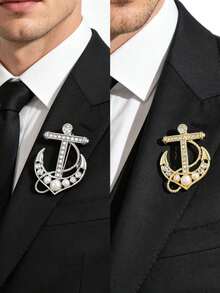 Broche de ancla de doble tono dorado y plateado para hombres, pin de solapa de estilo náutico con diamantes de imitación y perlas, accesorio de boda formal, regalo - Ancla - Ver 1