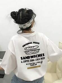 女款時尚夏季休閒寬鬆百搭字母與漢堡印花短袖T恤夏季服飾 - 白色 - 查看 3