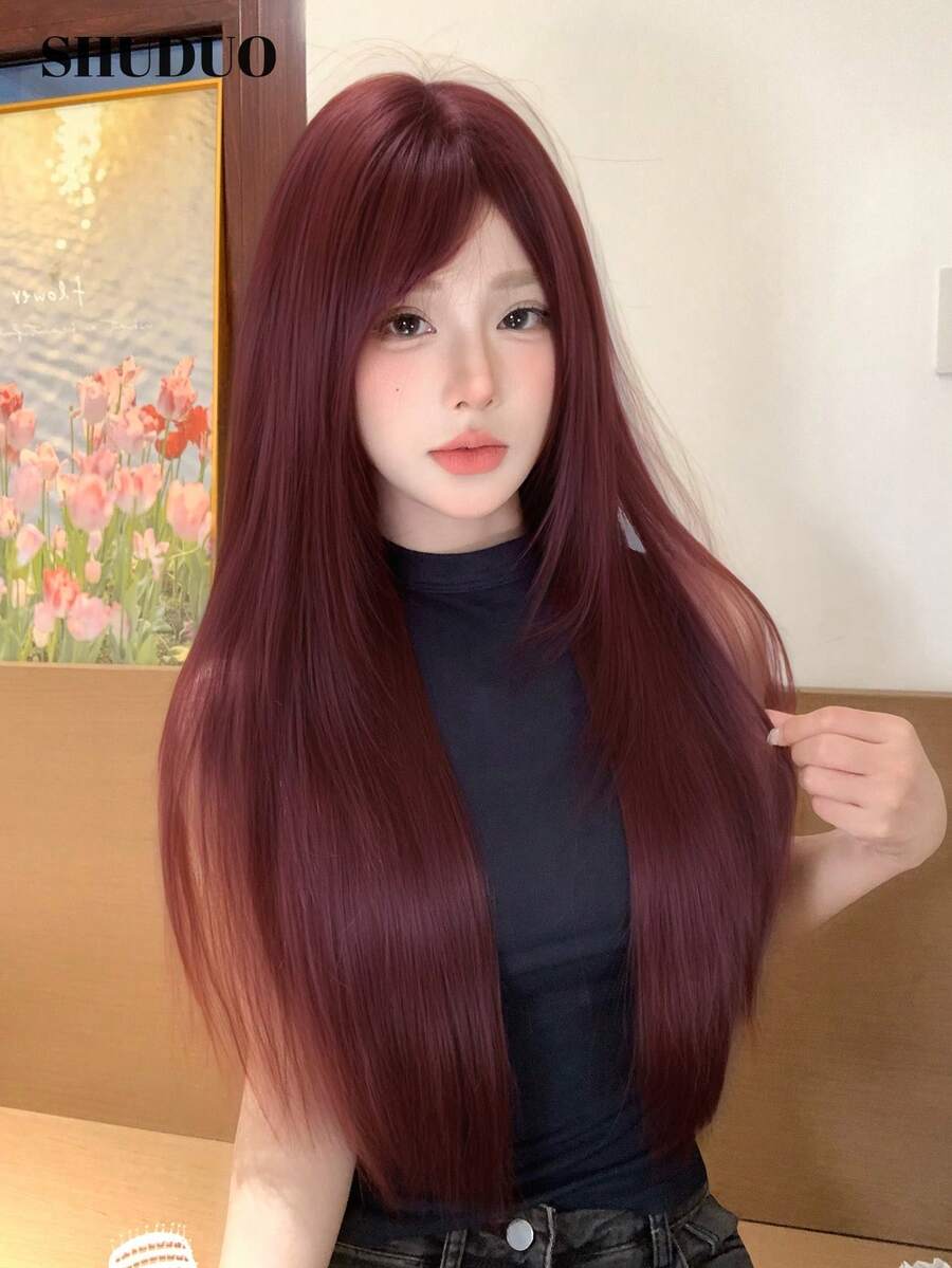 alicegarden 30-Inch Long Synthetic Wig Featuring A Natural Straight Style A Stunning Burgundy. Designed With Bangs, This False Hairpiece Is Perfect For Ms Daily Party Cosplay Use, Offering A Natural And Natural Durable Wig Gift For Ladies. - Burgundy - View 1