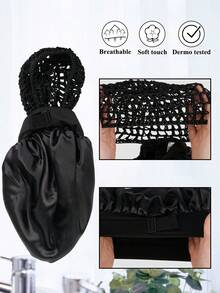 1pc 2-In-1 Wrap Cap Hair Net Cuffed Sleep Cap Hair Net Bonnet Satin Edged Sleep Hat Crocheted Hair WrapTravel,Hairstyle Haircare Routine Comfortable - Black - View 9
