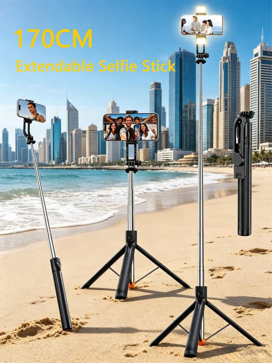 170cm Extendable Selfie Stick Tripod With Fill Light, One-Click 360° Rotating Phone Holder With Detachable Bluetooth Remote, Portable Live Streaming Blogger Travel Tripod - Type a - View 1