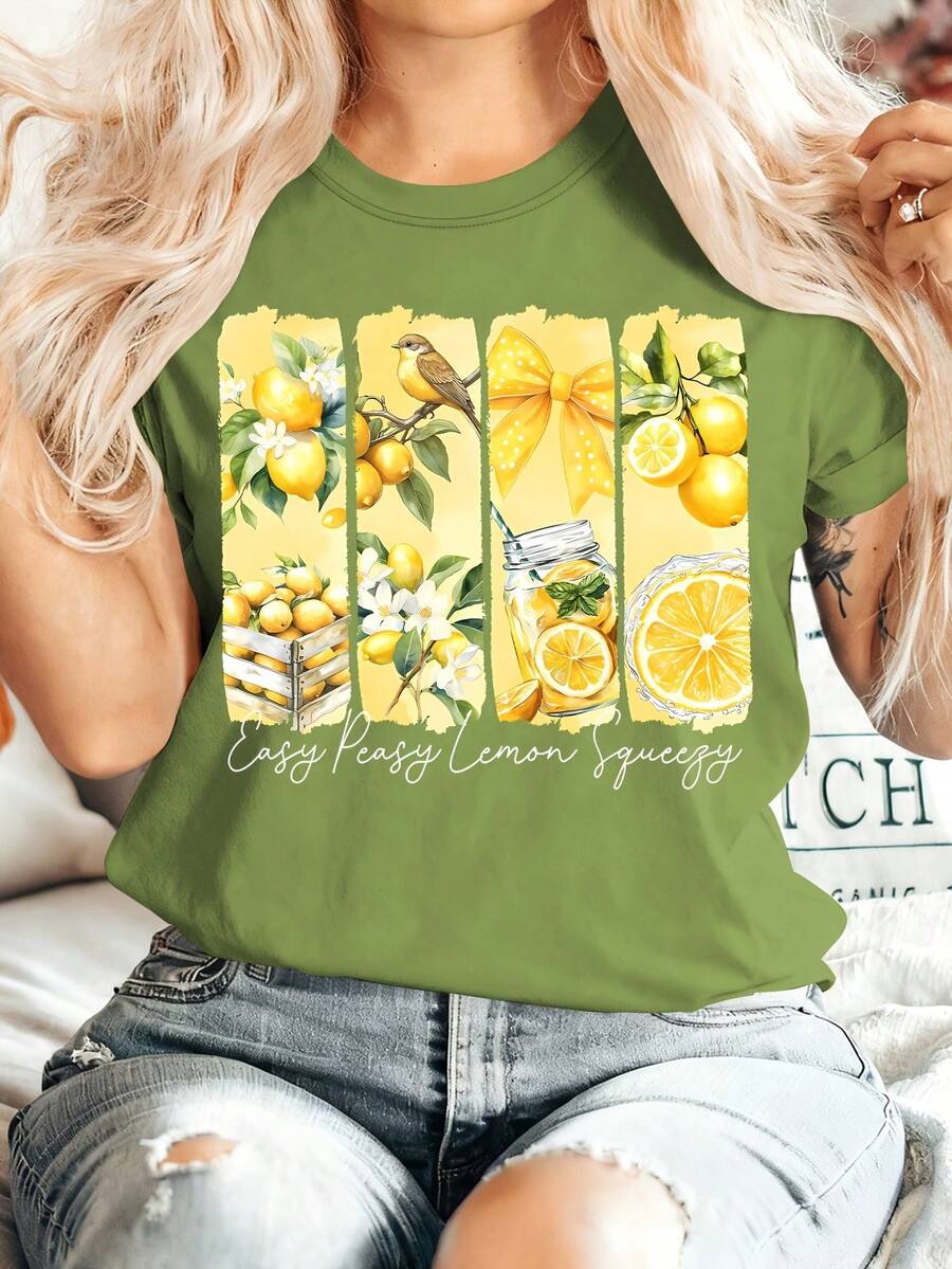 [Serie Animal] Ropa de Verano para Mujer, Estampado de Limones en Acuarela, Camiseta de Manga Corta con Cuello Redondo, Cómoda, Suave, Elegante, Versátil, para Fiestas, Estilo Retro, Casual, - Negro - Ver 1