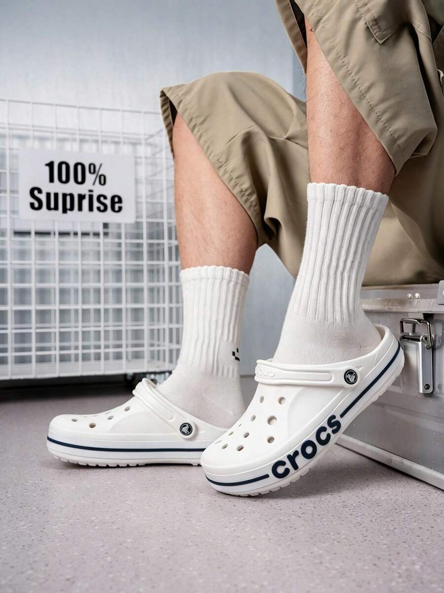 Crocs 男女通用透气木屐，轻便舒适室内/室外休闲运动凉鞋，205089-126 - 白/深藍 - 查看 1