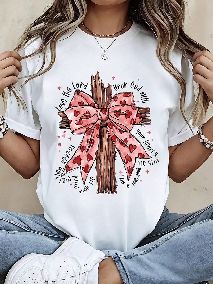 Camiseta negra de verano casual para mujer con estampado de corazón y lazo de madera, top gráfico de modara uso diario alidas