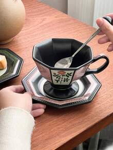 1 Set Vintage Victorian Style Octagonal Floral Ceramic Coffee Cup With Matching Saucer, Suitable For Home Daily Breakfast, Holiday And Birthday Gift - Multicolor - View 1