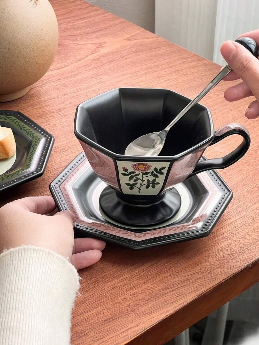 1 Set Vintage Victorian Style Octagonal Floral Ceramic Coffee Cup With Matching Saucer, Suitable For Home Daily Breakfast, Holiday And Birthday Gift - Multicolor - View 1