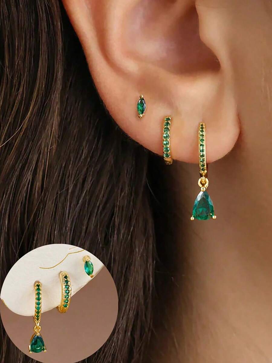 Bộ 3 chiếc bông tai Charlotte đeo một bên đính đá ngọc lục bảo, bông tai nữ hình giọt nước hình học, trang sức xỏ sụn tai - Loại bướm - Xem 1