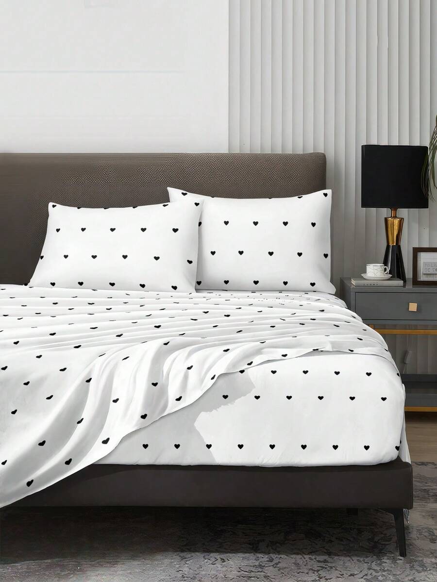 4-Piece Black Heart Butterfly Floral Pattern Bedding Set, Includes 1 Fitted Sheet, 1 Flat Sheet And 2 Pillowcases (Pillow Inserts Not Included). Suitable For King, Queen, Full And Twin Size Beds, Fitted Sheet With Deep Pocket Design, Pillowcases Up To 11.8 Inches. Soft And Breathable, Wrinkle-Resistant - Black and White - View 1