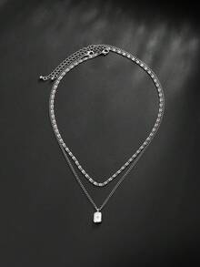 2pcs Minimalist Double Layer Stackable Chain Necklace, Textured Figaro Chain Paired With Fine Cuban Chain, Embellished With Small Star Square Dog Tag Pendant, Casual Men's Neck Accessory - Silver - View 6