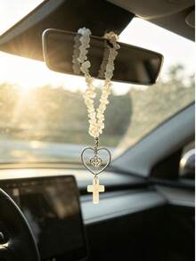 1pc Natural White Crystal Beaded Cross Heart Frame Car Rearview Mirror Hanging Ornament, Religious Faith Auto Interior Decor Charm - A - View 7