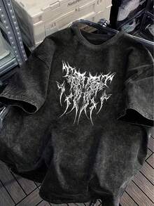 Camiseta de manga corta negra de algodón 100% de 200 g, estilo vintage lavado, corte holgado unisex, estampado sencillo, cuello redondo grande, ropa de algodón duradera, lavable a máquina, Y - Blanco - Ver 1