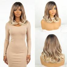 Medium Length Straight Wavy Wig With Bangs, Bio Organic, Identical To Human Hair Premium RONISE +WIGCAP TT4/Honey Blonde Ombre Chestnut - TT4 - 查看 1
