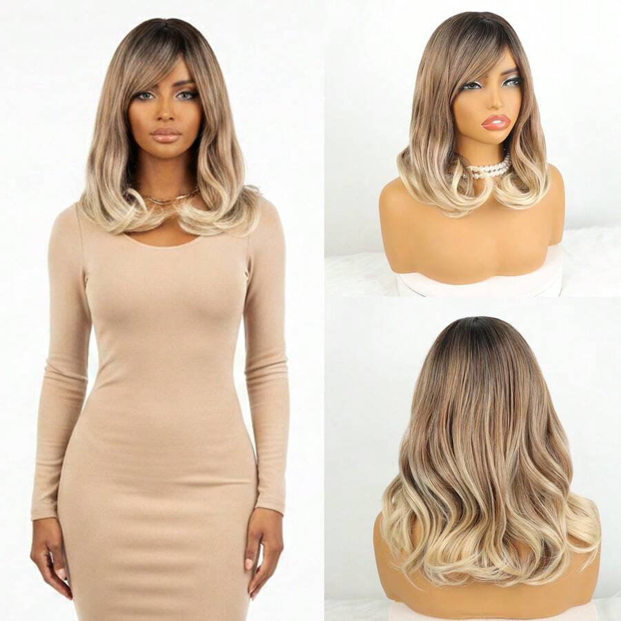 Medium Length Straight Wavy Wig With Bangs, Bio Organic, Identical To Human Hair Premium RONISE +WIGCAP TT4/Honey Blonde Ombre Chestnut - TT4 - 查看 1