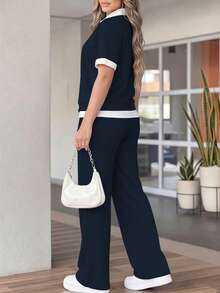 春秋女款新款 Polo 領短袖 T 恤與休閒日常彈性腰鬆身長褲 2 件套，運動通勤套裝，優雅 - 藏青色 - 查看 5