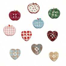 1/20/50/100pcs Fresh Plaid Heart-Shaped Buttons, Creative 4-Hole Gear Buttons With Apple Print, DIY Clothing, Shoe Decor And Hair Accessory, Suitable For Sewing And Garment Decoration - Multicolor - View 2