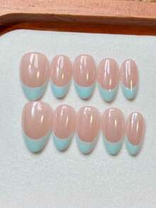 10pcs Handmade Press-On Nails, Short Almond Shape Fake Nails, Nude Pink Base With French Tip, Cat Eye Effect, Reusable Salon Quality, Beginner-Friendly Nail Stickers For Daily Wear And Party - Multicolor - View 6
