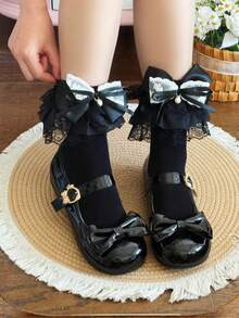 1 Pair Girls Spring/Summer Thin Lace Trim Bow Mid-Calf Socks, Versatile JK Style - Black - View 2
