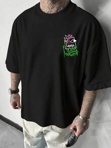 Men's Black Oversized Tee With Neon Green Hot Pink Doodle Monster &  Print, Edgy Y2K Skater Streetwear Top - 黑色 - 查看 2